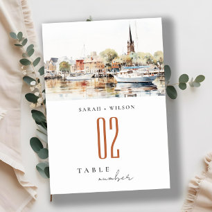 Elegante Annapolis Maryland Aquarell-Hochzeit Tischnummer