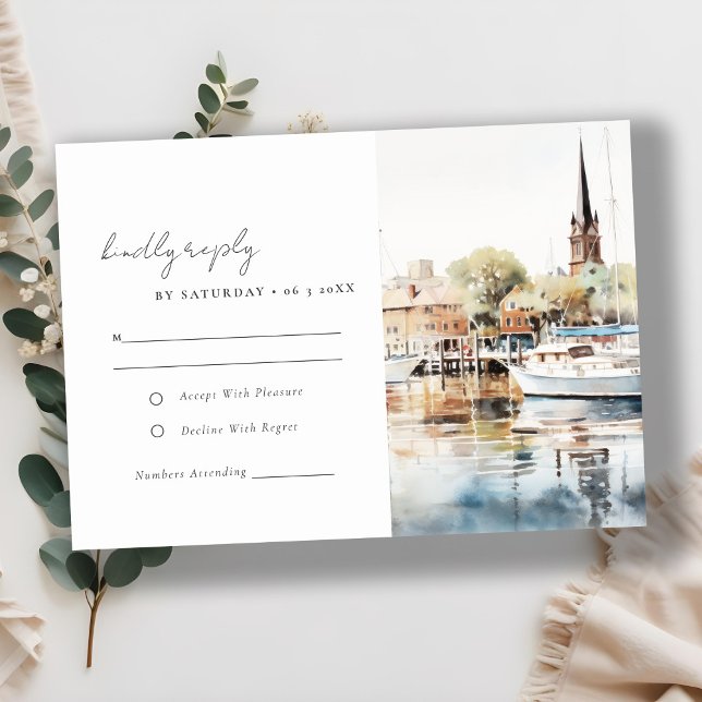 Elegante Annapolis Maryland Watercolor Wedding RSVP Karte (Von Creator hochgeladen)