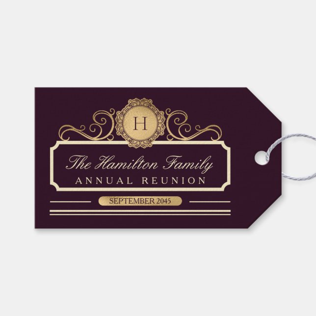 Elegante Annual Family Wiedersehen Gold Burgundy G Geschenkanhänger (Vorderseite (Horizontal))