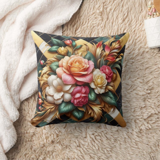 Elegante Anordnung farbiger Rose und Foliage Kissen (Decke)