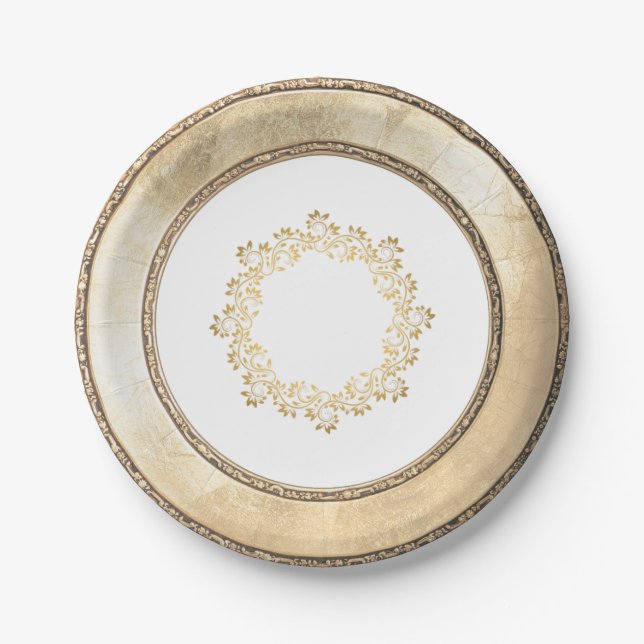Elegante antike goldgerahmte Filigree Papierplatte Pappteller (Vorderseite)