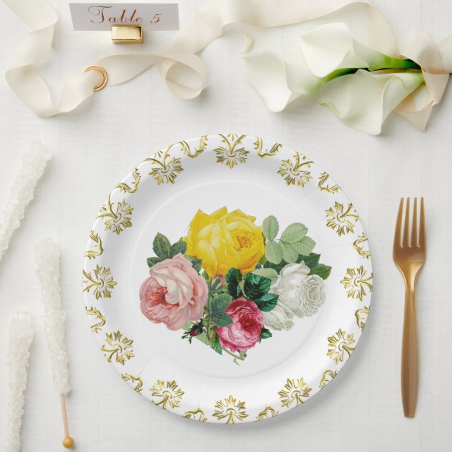 Elegante antike Rose mit Hochzeit mit Gold Floral Pappteller (Hochzeit)