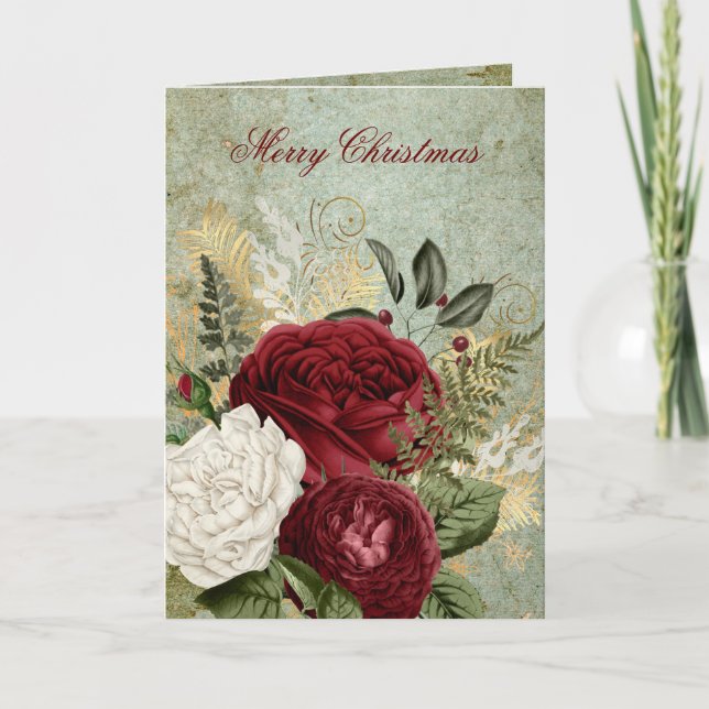 Elegante antike Rose Weihnachtsgrüßen Feiertagskarte (Vorderseite)