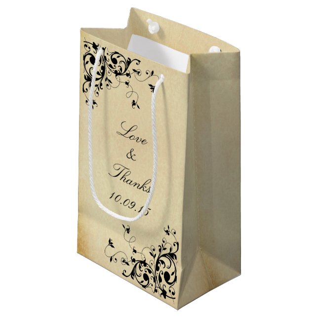 Elegante antike Wirbel Hochzeit Kleine Geschenktüte (Vorderseite Schrägansicht)
