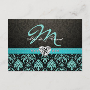 Elegante Aqua Blue and Black Damask Monogram UAWG RSVP Karte