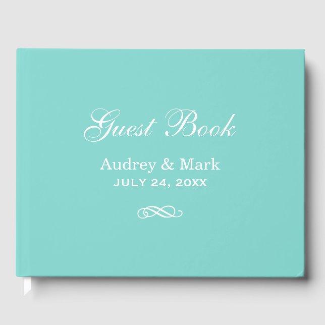 Elegante Aqua Blue and White Wedding Gästebuch (Vorderseite)