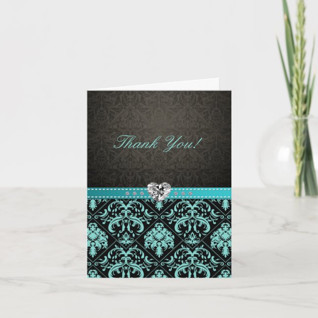 Elegante Aqua Blue / Black Damask "Danke" Karten (Vorderseite)