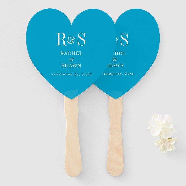 Elegante Aqua Blue Chic Moderne Monogram Wedding Fächer (Vorne und Hinten)
