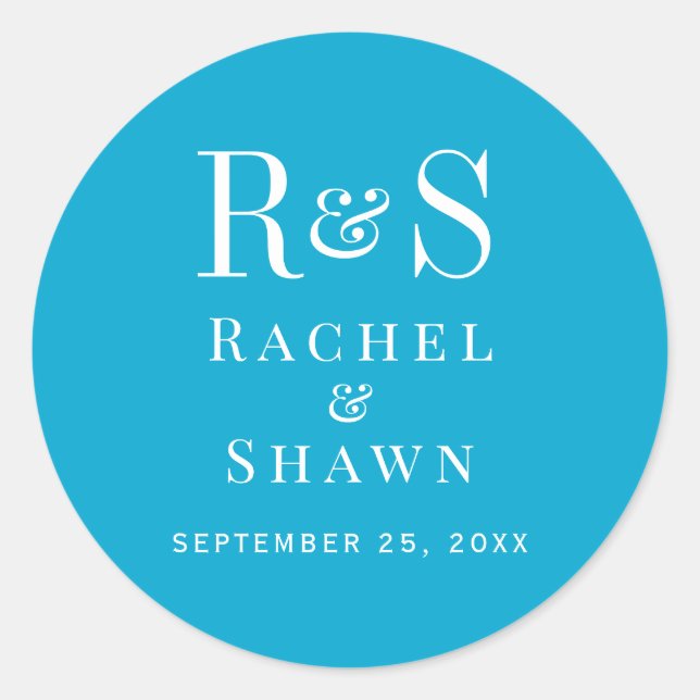 Elegante Aqua Blue Chic Moderne Monogram Wedding Runder Aufkleber (Vorderseite)