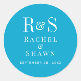 Elegante Aqua Blue Chic Moderne Monogram Wedding Runder Aufkleber