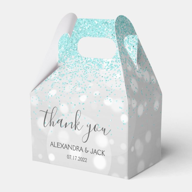 Elegante Aqua Blue Silver Funkelnd Glitzer Hochzei Geschenkschachtel (Vorderseite)