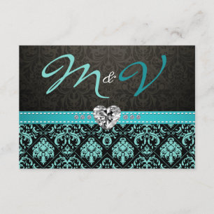 Elegante Aqua Blue und Black Damask mit Diamonds RSVP Karte