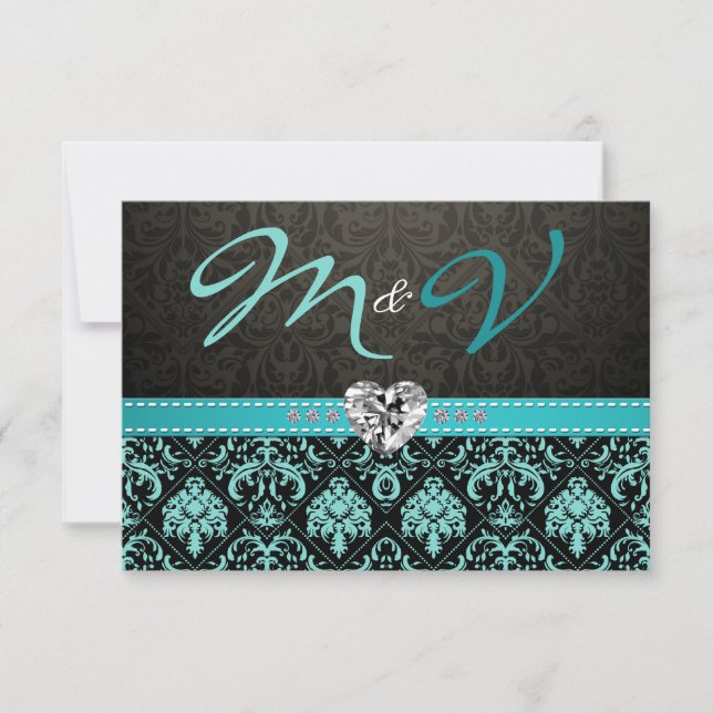 Elegante Aqua Blue und Black Damask mit Diamonds RSVP Karte (Vorderseite)