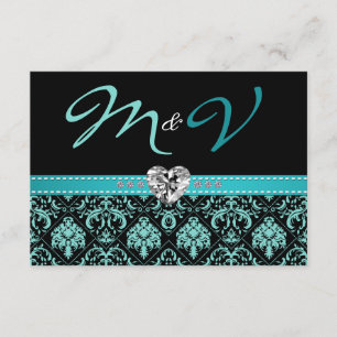 Elegante Aqua Blue und Black Damask mit Diamonds RSVP Karte