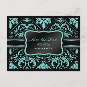 Elegante Aqua Blue und Black Damask Save the Date Ankündigungspostkarte