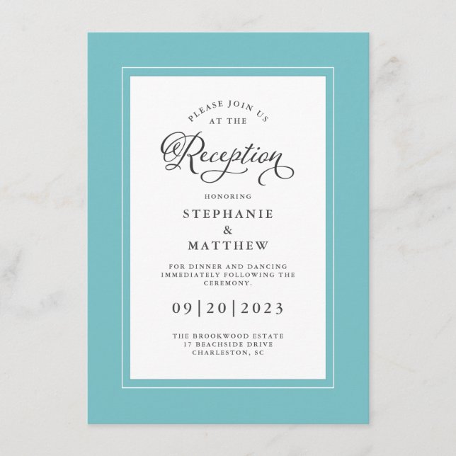 Elegante Aqua Blue Wedding Reception Chic Borders Begleitkarte (Vorderseite)