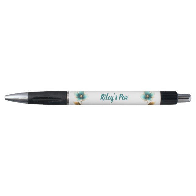 Elegante Aqua Floral Name Kugelschreiber (Vorderseite)