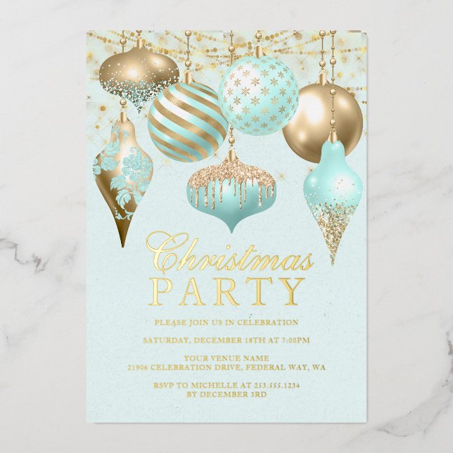 Elegante Aqua Gold Ornamente Weihnachten Party Folieneinladung (Vorderseite)