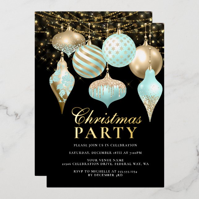 Elegante Aqua Gold Ornamente Weihnachten Party Folieneinladung (Vorderseite/Rückseite)