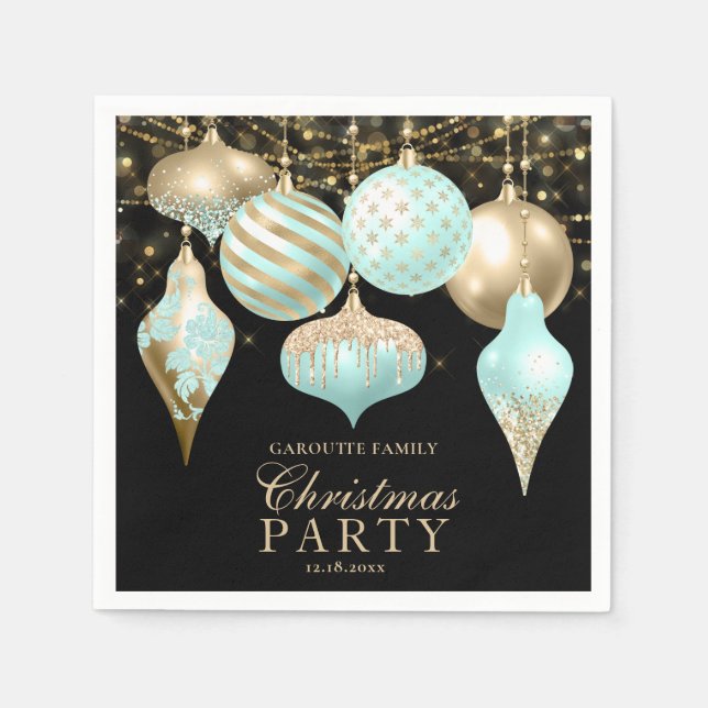 Elegante Aqua Gold Ornamente Weihnachten Party Serviette (Vorderseite)