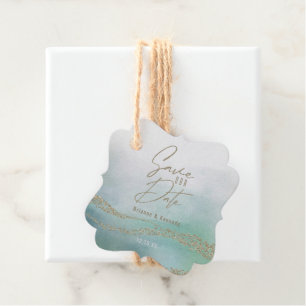 Elegante Aqua & Gold Save the Date Geschenkanhänger