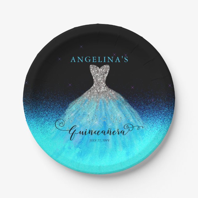 Elegante Aqua Gown Quinceañera Teller (Vorderseite)