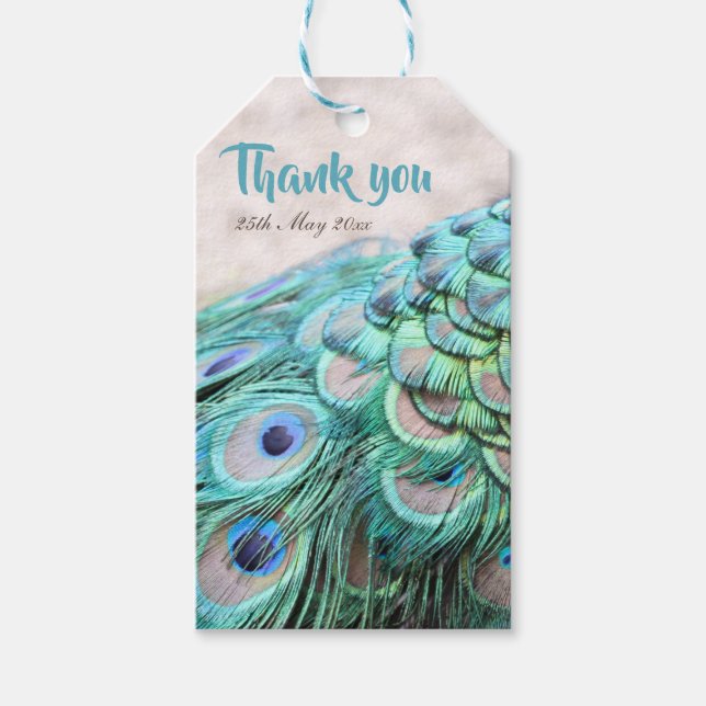 Elegante Aqua Peacock Feathers Gastgeschenk Hochze Geschenkanhänger (Vorderseite)