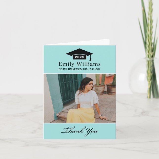 Elegante Aqua Personalisierter Abschluss Foto Dankeskarte (Vorderseite)