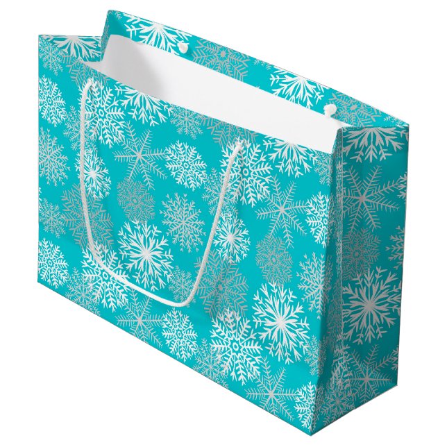 Elegante Aqua White Gold Winter Snowflake Weihnach Große Geschenktüte (Vorderseite Schrägansicht)