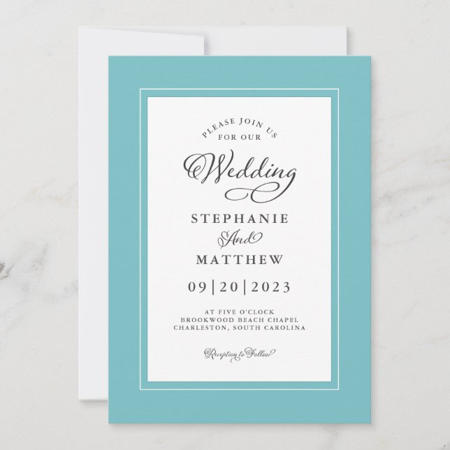 Elegante Aqua & White Moderne schicke Grenzen Einladung (Vorderseite)