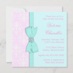 Elegante Aquamarin Blue and Pink Baby Girl Dusche Einladung