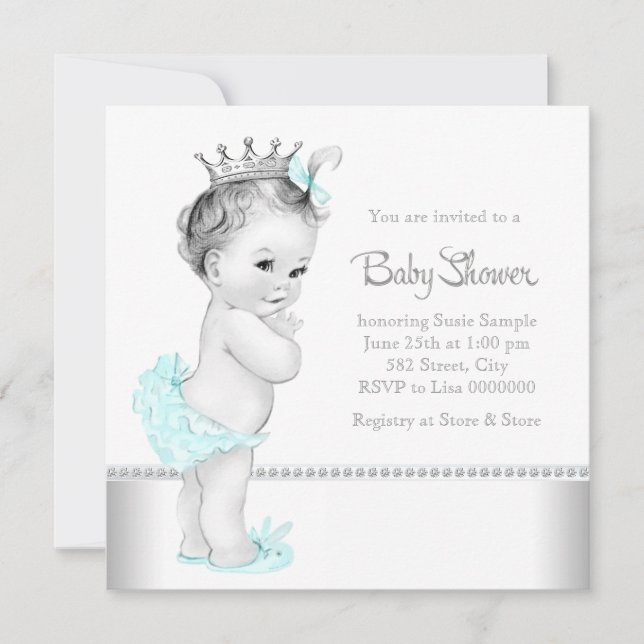 Elegante Aquamarin Blue and Silver Baby Dusche Einladung (Vorderseite)