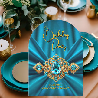 Elegante Aquamarin Blue Birthday Gold Jewel Imitat Einladung