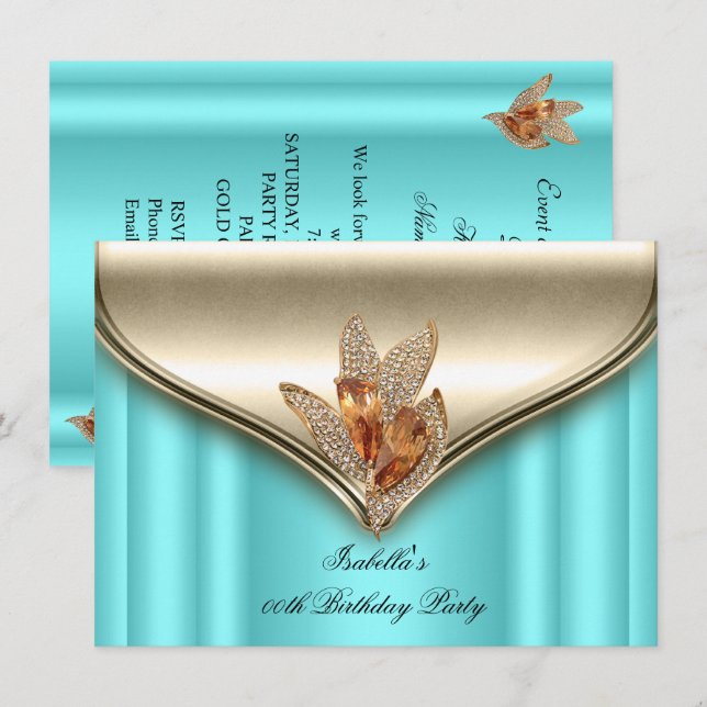 Elegante Aquamarin Blue Bronze Brown Gold Geburtst Einladung (Vorne/Hinten)