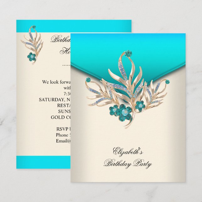 Elegante Aquamarin Blue Cream White Jewel Geburtst Einladung (Vorne/Hinten)