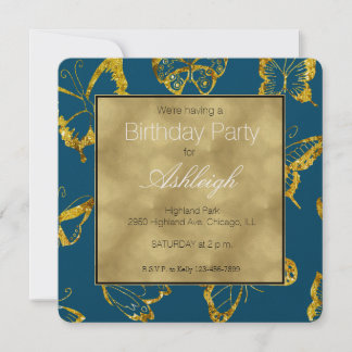 Elegante Aquamarin Blue Gold Butterflies Geburtsta Einladung