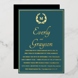 Elegante Aquamarin Blue Gold Laurel Wreath Wedding Folieneinladung