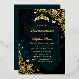 Elegante Aquamarin Blue Gold Rose Quinceanera Folieneinladung