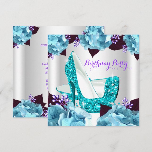 Elegante Aquamarin Blue Lila Hi Heelses Geburtstag Einladung (Vorne/Hinten)