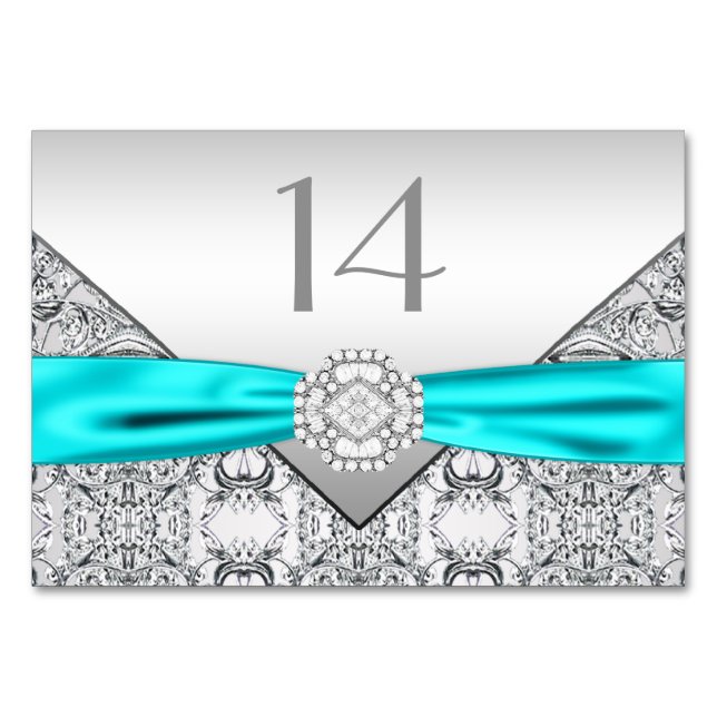 Elegante Aquamarin Blue Silver Wedding Tischnummer (Vorderseite)
