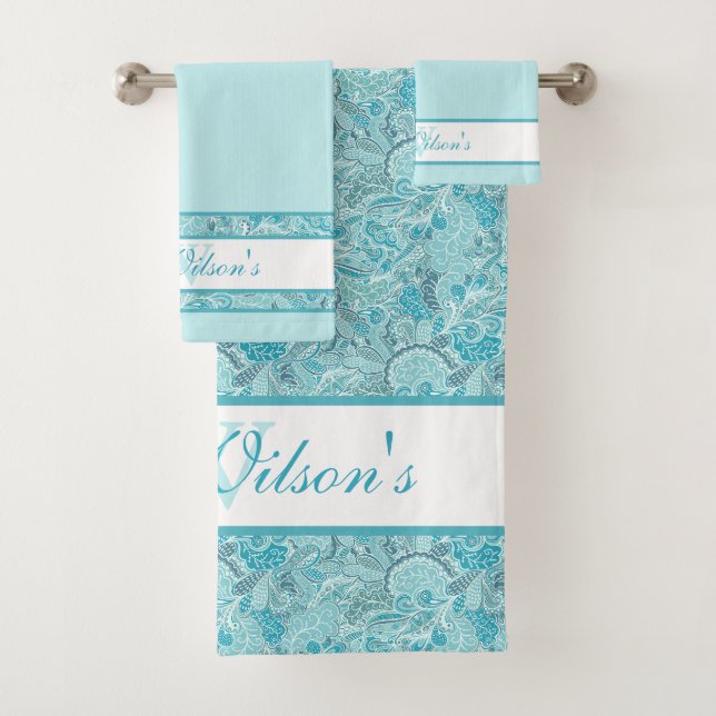 Elegante Aquamarin Blue und White Abstrakt Paisley Badhandtuch Set (Insitu)