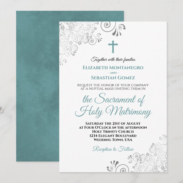 Elegante Aquamarin & Gray Frills Moderne katholisc Einladung (Vorne/Hinten)
