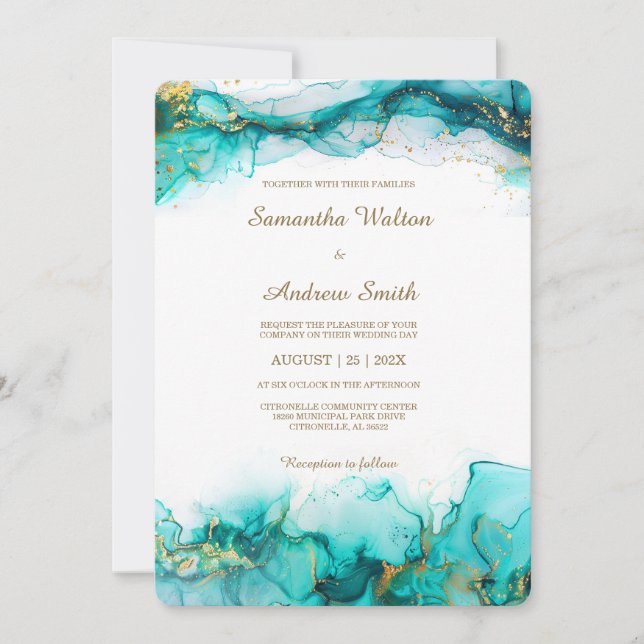Elegante Aquamarin- und Goldhochzeit Einladung (Vorderseite)