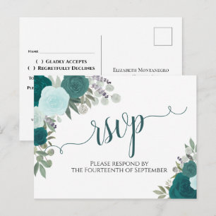 Elegante Aquamarine Aquarellfarben-Rose Hochzeit d Postkarte