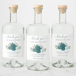 Elegante Aquamarine Aquarellfarben Rose Hochzeit V Alkoholflaschenetikett