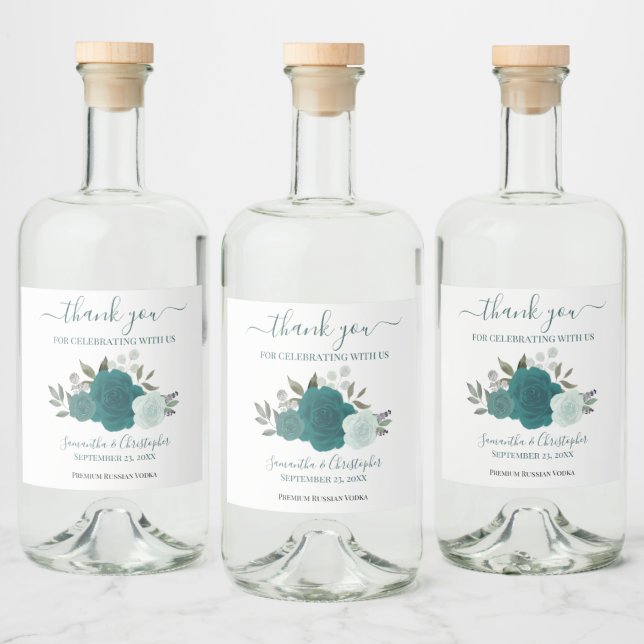 Elegante Aquamarine Aquarellfarben Rose Hochzeit V Alkoholflaschenetikett (Flaschen)