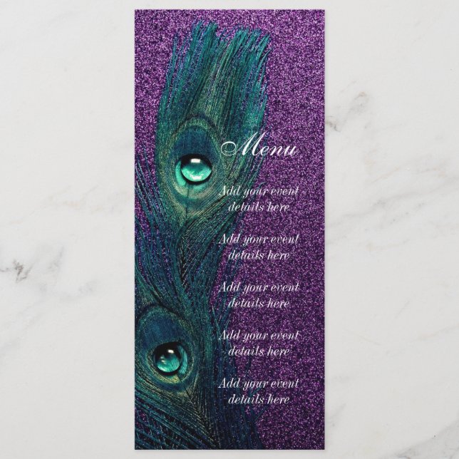 Elegante Aquamarine Blaue Lila Pfauenhochzeit Menükarte (Vorderseite)