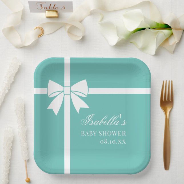 Elegante Aquamarine Blu-Weiß-Ribbon Bow Babydusche Pappteller (Hochzeit)