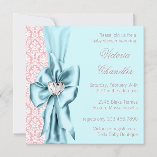 Elegante Aquamarine Blue Pink Damask Kindermädchen Einladung (Vorderseite)