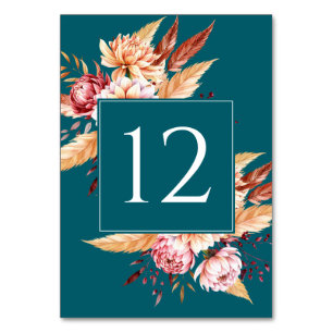 Elegante Aquamarine Boho Floral Wedding Tischnummer